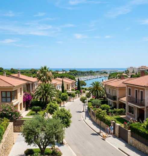 Vistas de casas, avenidas residenciales y el entorno seguro del barrio de Granvia Mar en Castelldefels